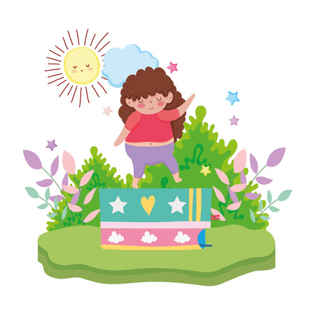 Little chubby girl with pile books in the landscape vector illustration designのイラスト素材