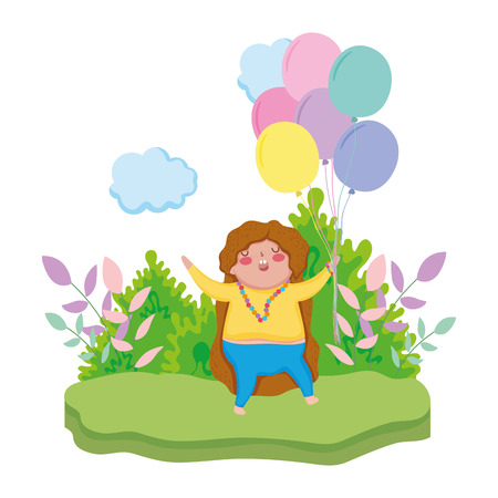 Little chubby girl with balloons air in the landscape vector illustration designのイラスト素材