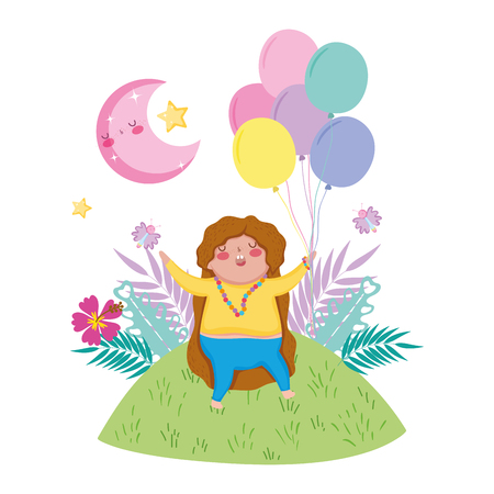 Little chubby girl with balloons air in the landscape vector illustration designのイラスト素材