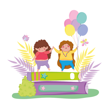 Little chubby girls with pile books vector illustration designのイラスト素材