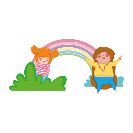 Little chubby girls in the landscape with rainbow vector illustration designのイラスト素材