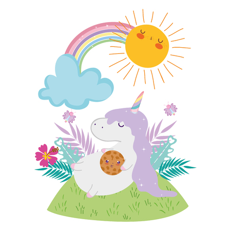 cute unicorn with clouds and rainbow kawaii vector illustration designのイラスト素材