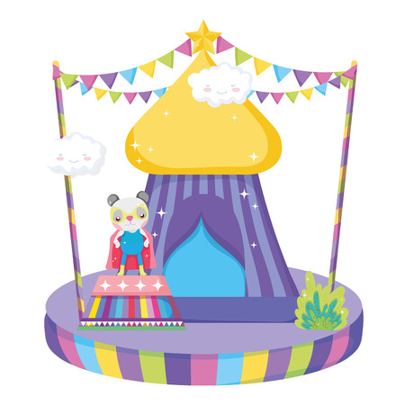 cute circus cat with layer and tent vector illustration designのイラスト素材