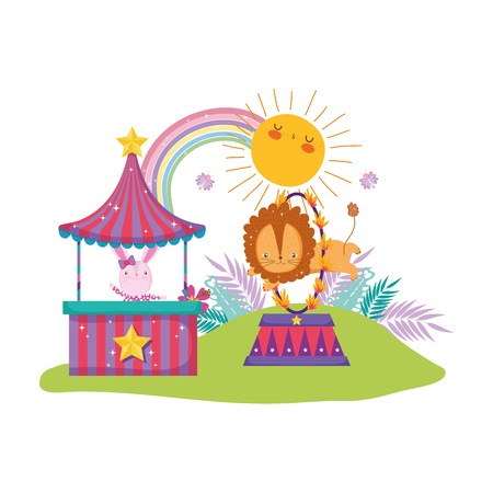 cute lion circus jumping fire ring vector illustration designのイラスト素材