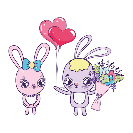 cute rabbits couple with flowers valentines day vector illustration designのイラスト素材