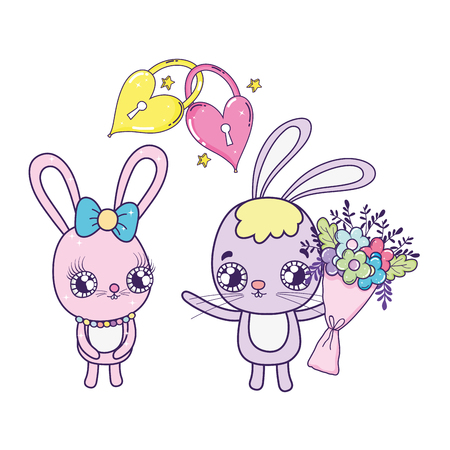 cute rabbits couple with flowers valentines day vector illustration designのイラスト素材