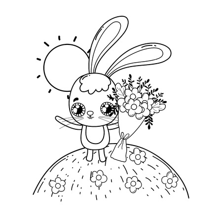 cute rabbit with flowers boucket valentines day vector illustration designのイラスト素材