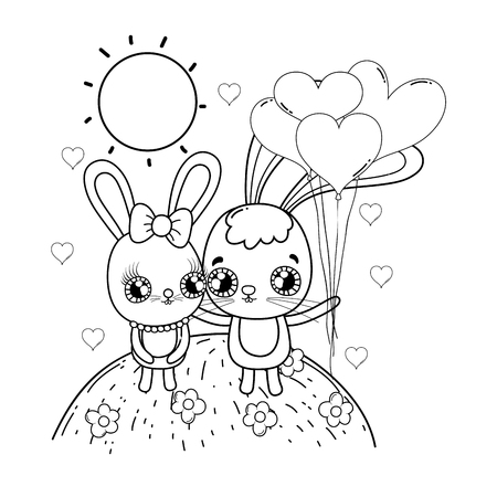 cute rabbits couple with balloons helium valentines day vector illustrationのイラスト素材