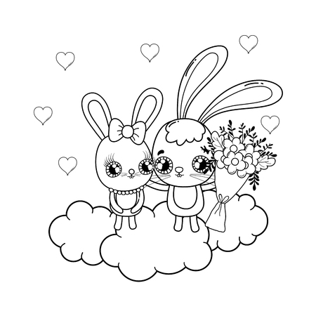 cute rabbits couple with flowers valentines day vector illustration designのイラスト素材