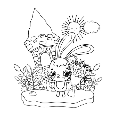 cute rabbit with flowers boucket valentines day vector illustration designのイラスト素材