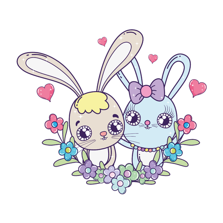 cute rabbits couple with flowers valentines day vector illustration designのイラスト素材