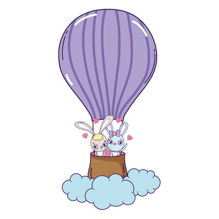 rabbits couple flying in balloon air hot valentines day vector illustration designのイラスト素材
