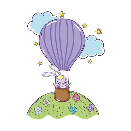 cute rabbit flying in balloon air hot valentines day vector illustration designのイラスト素材