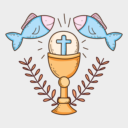 chalice with host and branches leaves with fishesのイラスト素材