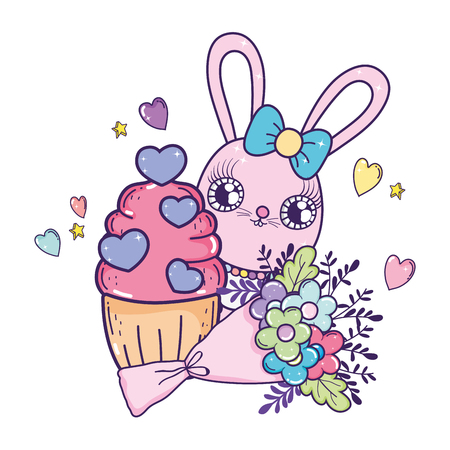 cute rabbit with flowers boucket valentines day vector illustration designのイラスト素材