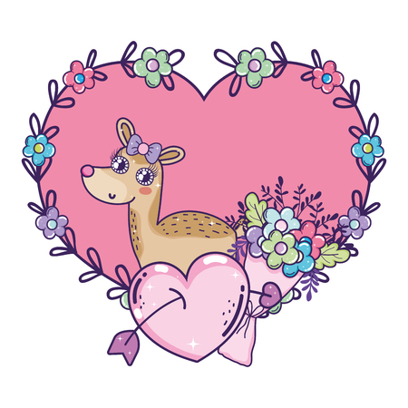 cute love female deer with flowers and heart vector illustration designのイラスト素材