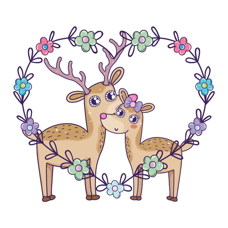 cute love reindeer couple with floral decoration vector illustration designのイラスト素材