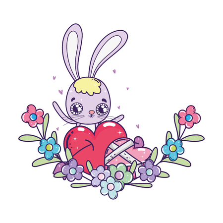 cute rabbit with flowers boucket valentines day vector illustration designのイラスト素材