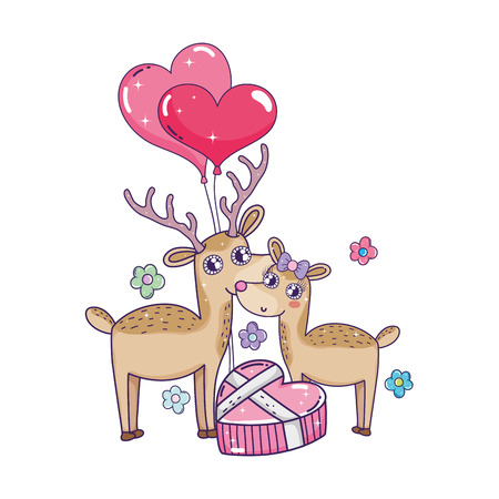 cute love reindeer couple with hearts balloons helium vector illustration designのイラスト素材