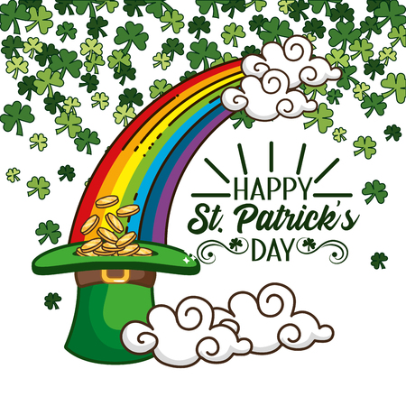 rainbow with clouds and gold coins inside hat with clovers vector illustrationのイラスト素材
