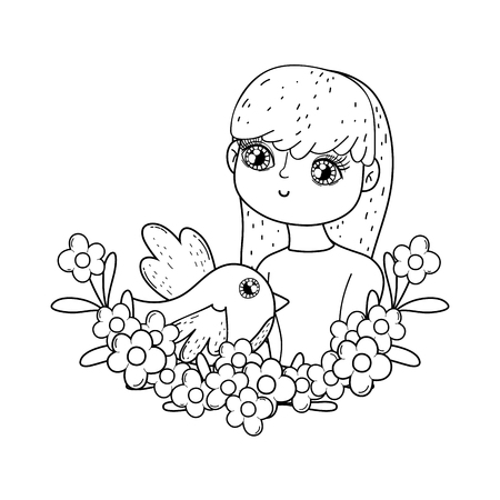young cute girl lover with flowers and bird vector illustration designのイラスト素材