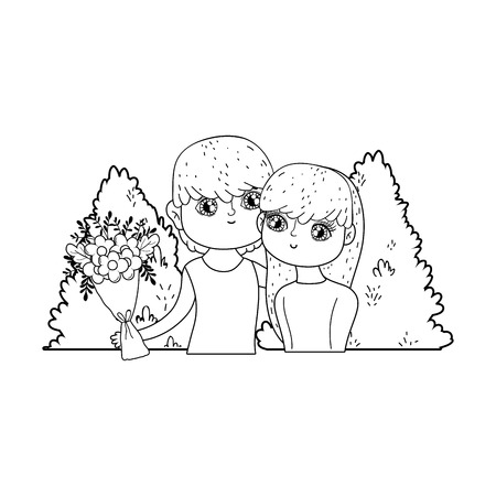 young lovers couple with flowers bouquet vector illustration designのイラスト素材