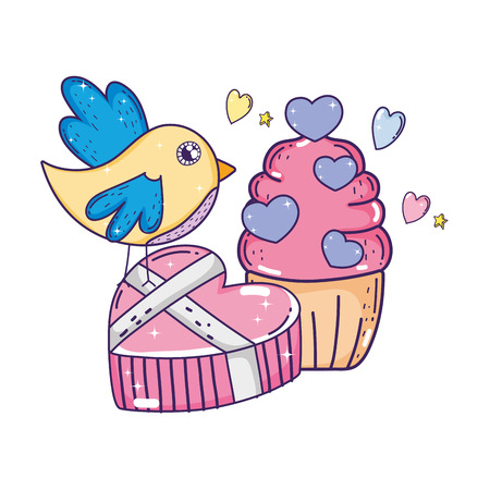 cute little bird with sweet cupcake lovely character vector illustration designのイラスト素材