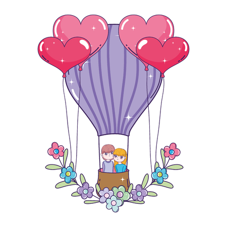 young lovers couple flying in balloon air hot vector illustration designのイラスト素材
