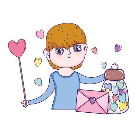 young cute lover boy with mason jar and envelope vector illustration designのイラスト素材