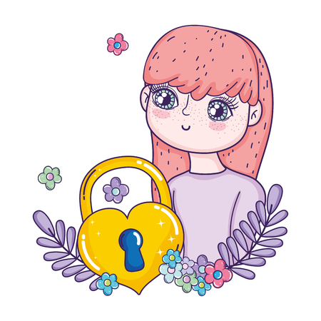 young cute girl lover with heart padlock vector illustration designのイラスト素材