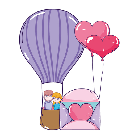 young lovers couple flying in balloon air hot vector illustration designのイラスト素材
