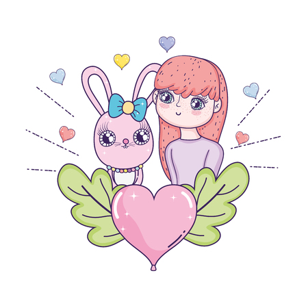 young cute girl lover with little rabbit vector illustration designのイラスト素材