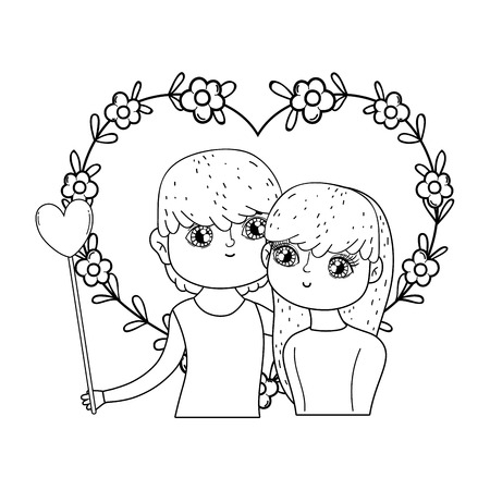 young lovers couple with floral decoration vector illustration designのイラスト素材