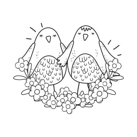 cute little birds couple with flowers lovely characters vector illustration designのイラスト素材