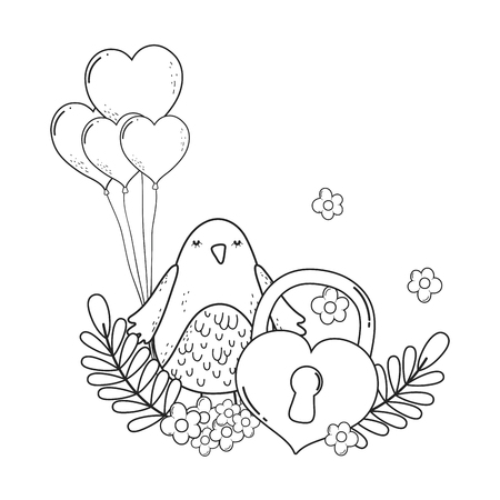 cute little bird with heart padlock lovely character vector illustration designのイラスト素材