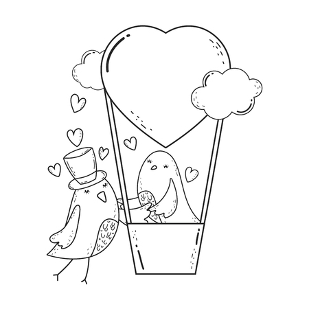 cute little birds couple flying in balloon air hot vector illustration designのイラスト素材