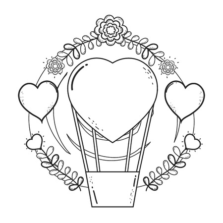 balloon air hot with heart shape and floral decoration vector illustration designのイラスト素材