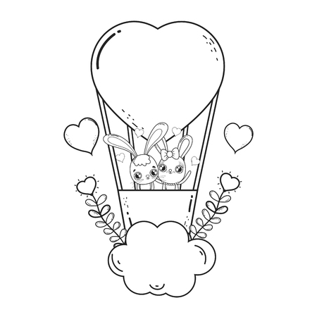 rabbits couple flying in balloon air hot valentines day vector illustration designのイラスト素材