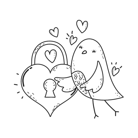 cute little bird with heart padlock lovely character vector illustration designのイラスト素材