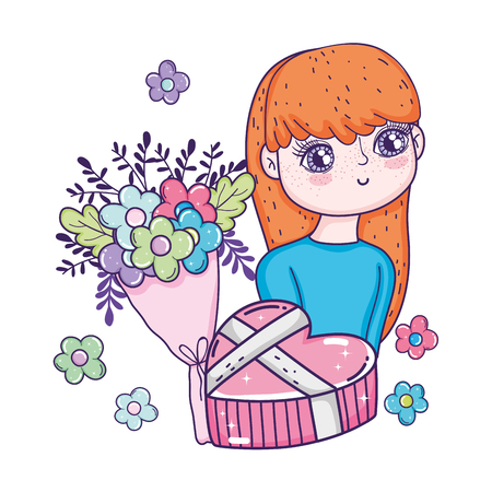 young cute girl lover with flowers bouquet vector illustration designのイラスト素材