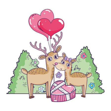 cute love reindeer couple with hearts balloons helium vector illustration designのイラスト素材