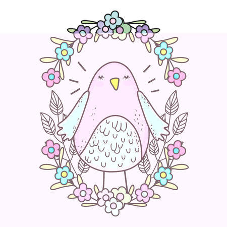 cute little bird with floral decoration lovely character vector illustration designのイラスト素材