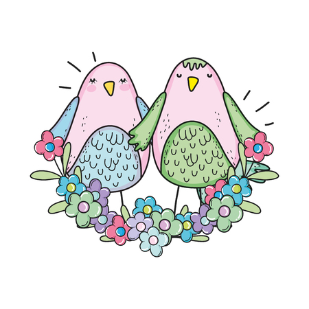 cute little birds couple with flowers lovely characters vector illustration designのイラスト素材
