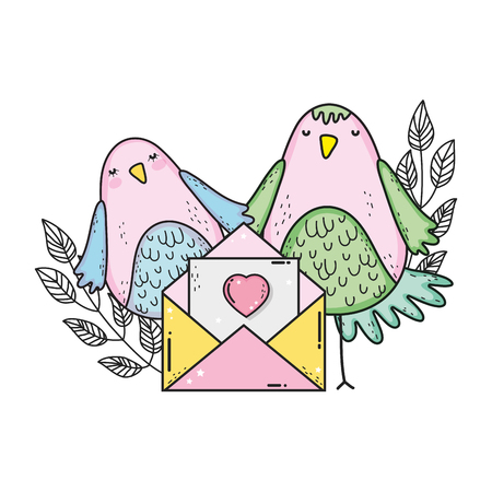 cute little birds couple with envelope lovely characters vector illustrationのイラスト素材