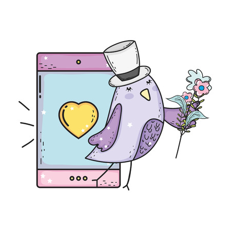 cute little bird with smartphone lovely character vector illustration designのイラスト素材