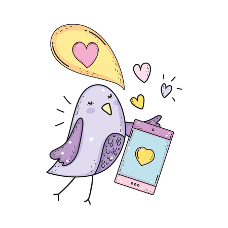 cute little bird with smartphone lovely character vector illustration designのイラスト素材
