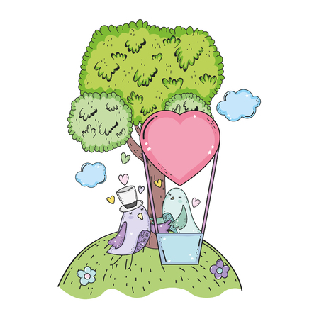 cute little birds couple flying in balloon air hot vector illustration designのイラスト素材