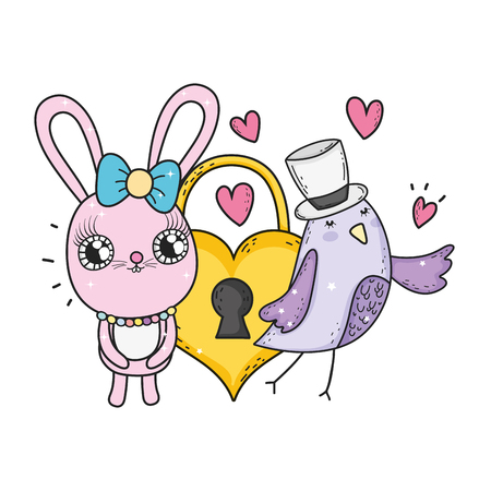 cute rabbit with heart padlock valentines day vector illustration designのイラスト素材
