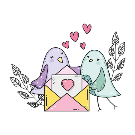 cute little birds couple with envelope lovely characters vector illustrationのイラスト素材