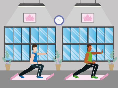 fit men doing exercise in the gym cartoon vector illustration graphic designのイラスト素材